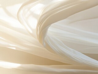 Obraz premium White fabric drapes with sunlight creating soft shadows and highlights on its delicate texture. The backdrop features a soft beige gradient, enhancing depth