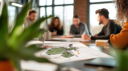A team of diverse professionals, including men and women of different ethnicities, collaborate on a project, sharing ideas and brainstorming solutions around a large table.