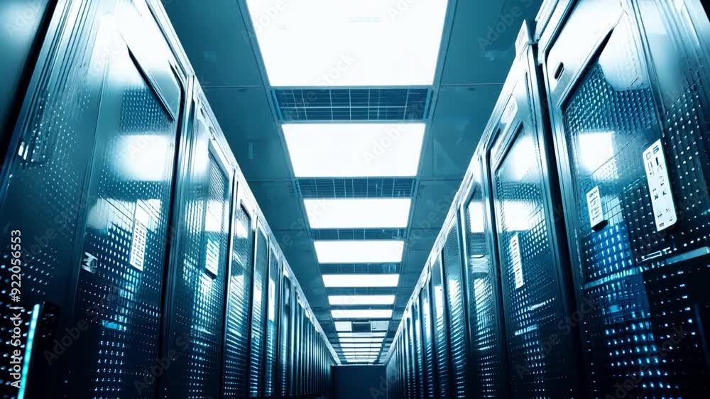 Poster a high-tech data center features illuminated rows of servers under bright overhead lights, creating 