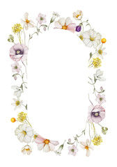 Floral frame with wildflowers on white background