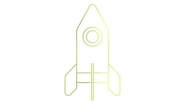Animated golden rocket is drawn. Linear symbol. Concept of startup, investment, progress, speed. Looped video. Line vector illustration isolated on white background.
