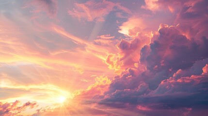Fototapeta premium A beautiful sky background featuring a stunning array of clouds painted in shades of pink, orange, and purple during a dramatic sunset, with rays of sunlight breaking through and casting a warm glow