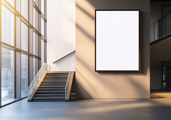 A white sign is on a wall in a large room with a staircase in the background