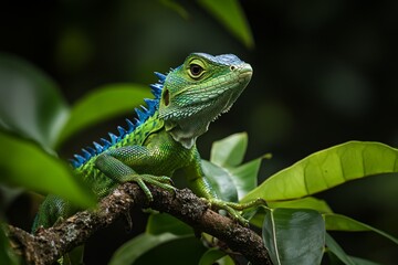 Obraz premium a green dragon lizard on a branch in the jungle