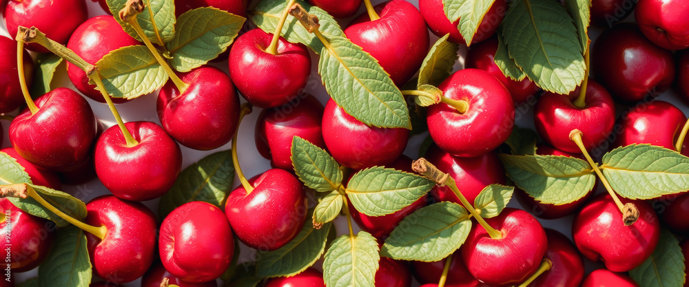 Wall mural Close-up of Ripe Cherries with Green Leaves