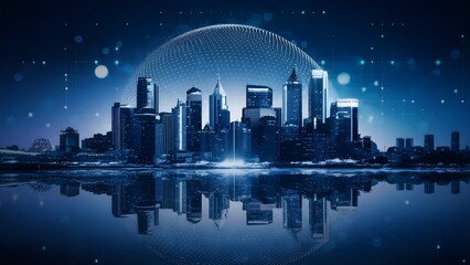 Unique city horizon with computerized impacts, enlightened specks, on an intelligent background, idea of technology