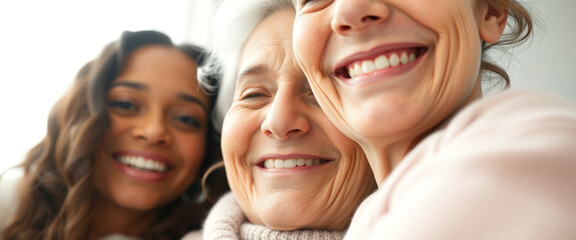 Close-up of three generations of women smiling
