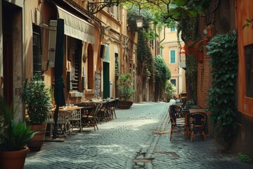 Charming European cobblestone street cafe