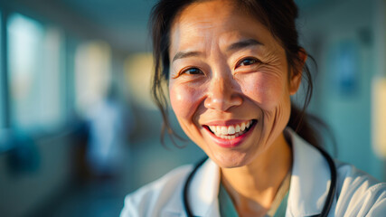 Fototapeta premium Portrait of a Smiling Doctor in a Hospital Corridor