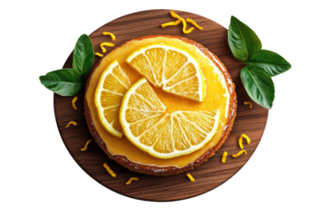 Delicious lemon cake adorned with fresh lemon slices and garnished with green leaves on a wooden platter.