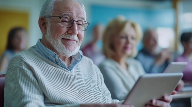 A group of seniors in a bright, modern classroom, learning how to use tablets with the guidance of a patient instructor, capturing the joy and empowerment of older adults embracing technology and the