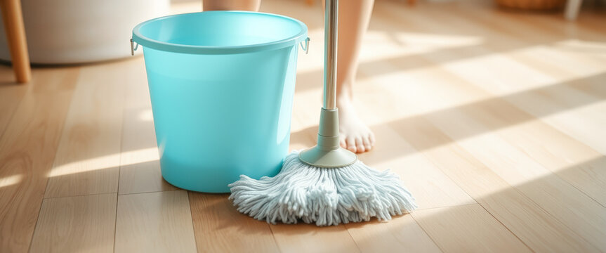 Close up of a mop and bucket on a wooden floor