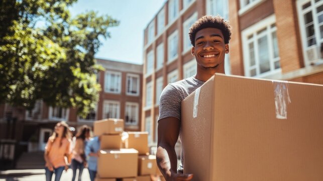 A bustling scene of students and parents moving boxes into dorm rooms on a sunny college campus, with smiles, hugs, and a sense of anticipation, capturing the emotional significance of this milestone