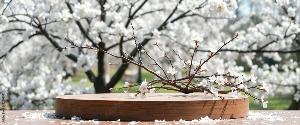 Canvas Prints Cherry Blossom Branch on Wooden Platform