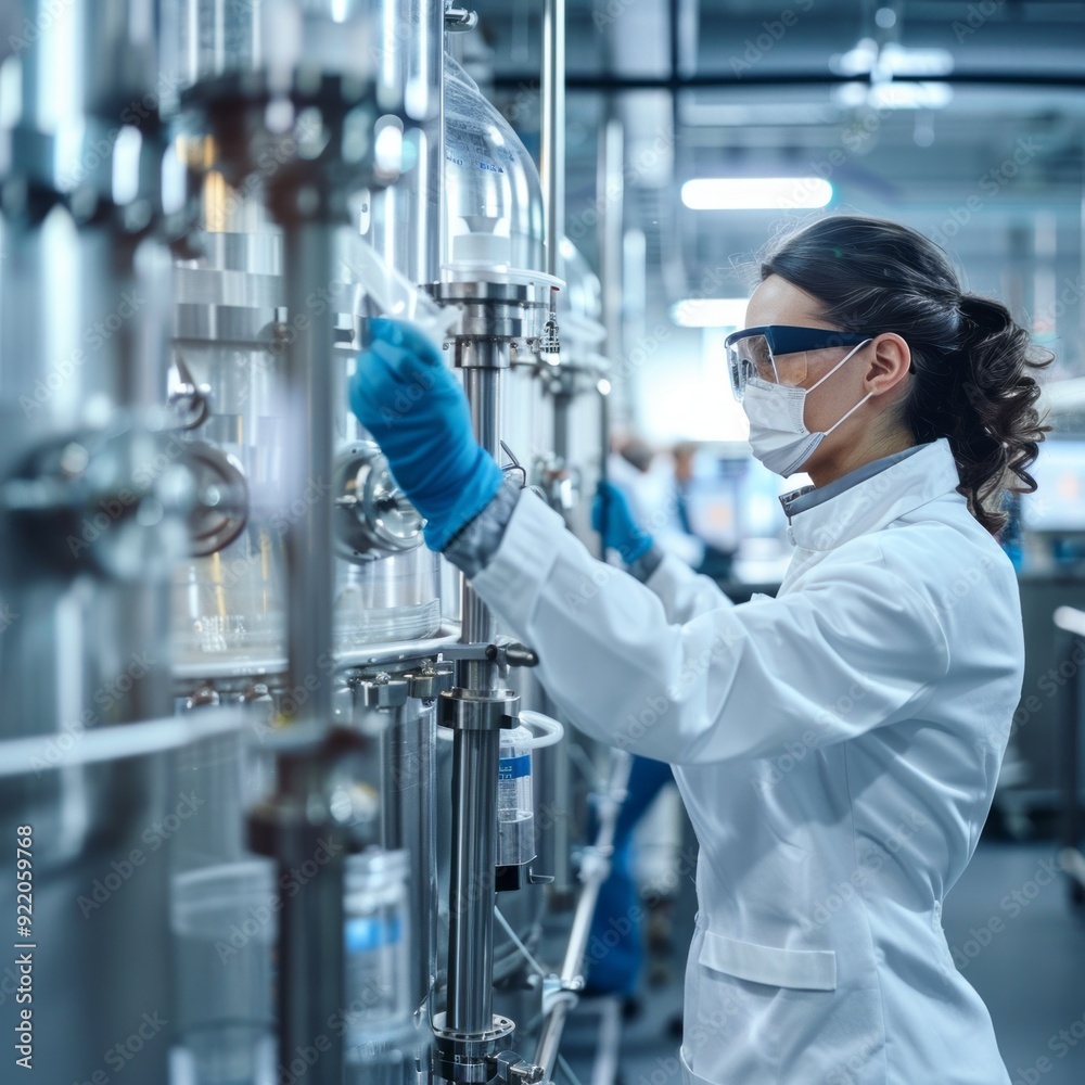 Poster A woman in a lab coat is wearing a mask and gloves while working with a machine