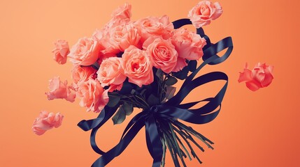 A vibrant bouquet of pink roses with a dark ribbon on a bright orange background