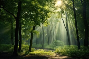 Fototapeta premium Lush green forest landscape light sunlight.