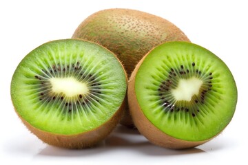 Whole and sliced kiwi on white