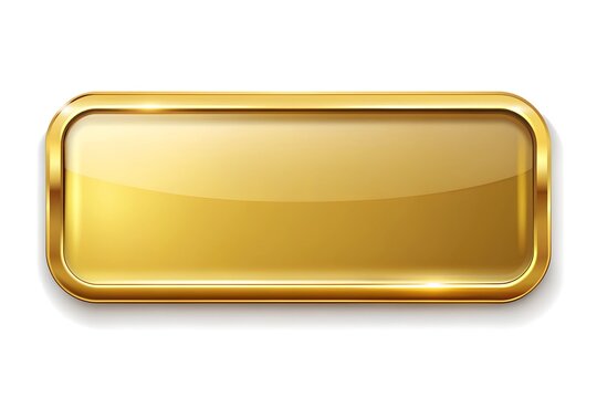 Golden rectangle button blank template. Golden glossy elegant design with place for inscriptions isolated. Realistic 3D design