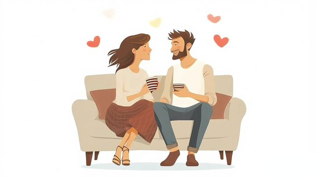 couple sitting on a sofa with hearts floating above, isolated video animation