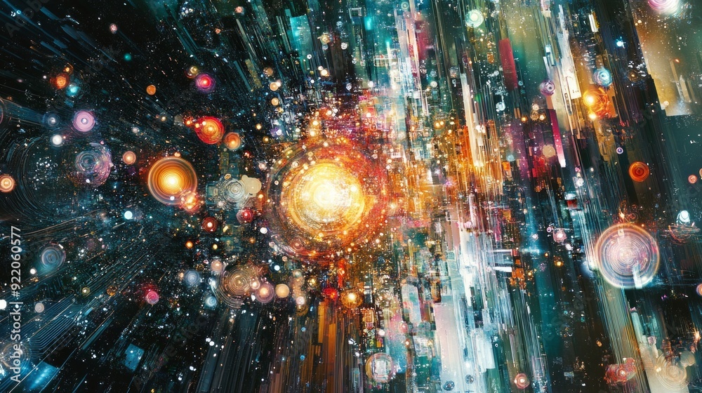 Poster abstract representation of data flow and artificial intelligence concepts in a cosmic setting