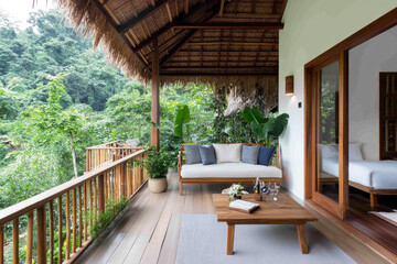 Cozy traditional bamboo bungalow by lush jungle, natural living