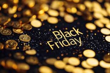 Gold coins create a festive atmosphere surrounding Black Friday text, symbolizing shopping excitement and holiday deals
