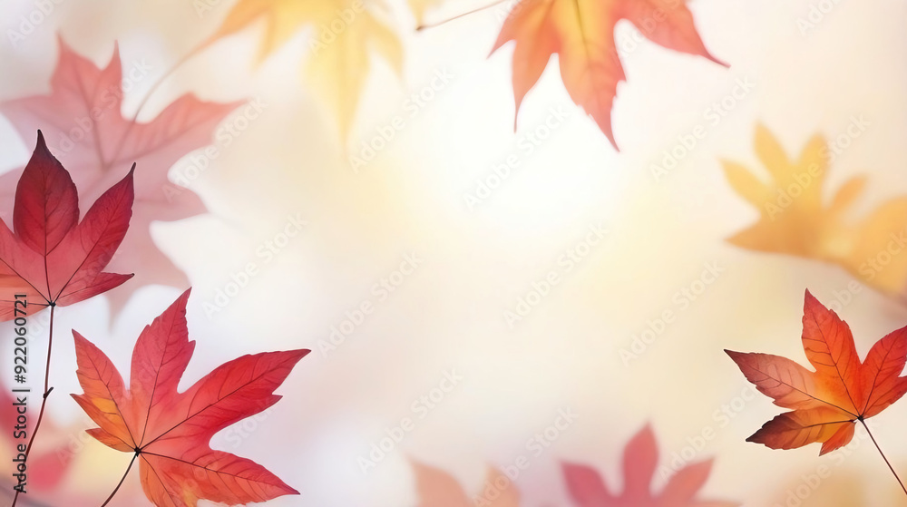 Poster frame of beautiful colorful autumn leaves in a soft haze.
