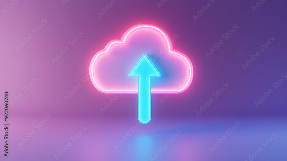 Poster neon cloud upload concept showing data transfer to the cloud with a glowing arrow in a futuristicall