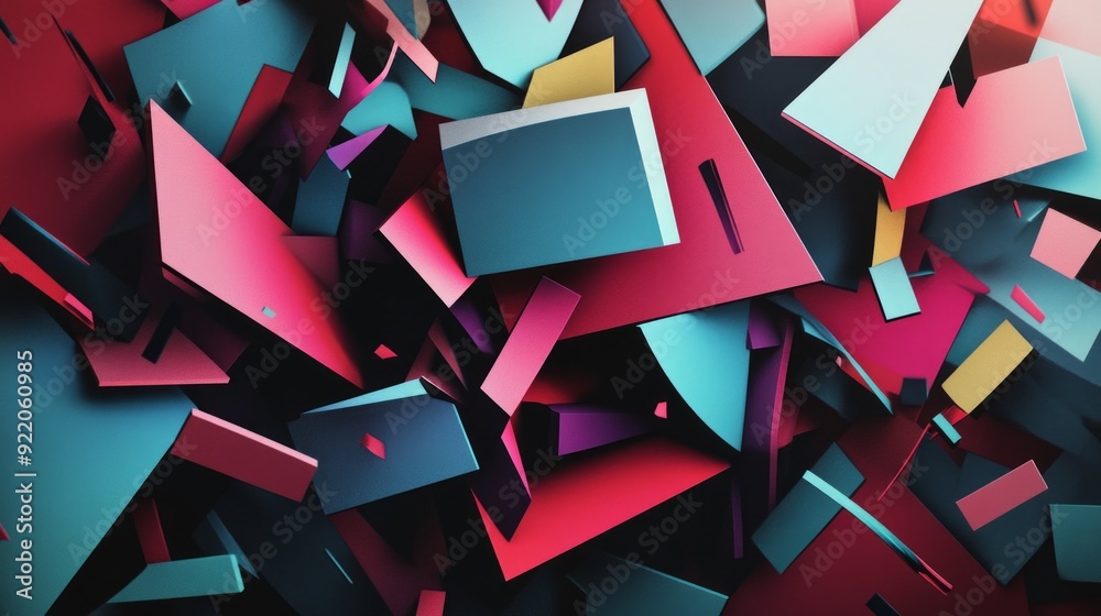 Poster asymmetrical shapes in vibrant hues create a dynamic deconstruction of spatial forms