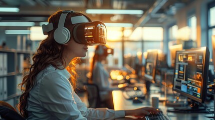 Virtual Collaboration: Employees using VR headsets and augmented reality tools to collaborate on projects in a high-tech workspace 