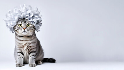 Cat  wearing a wig on its head ,a  colorful wig,Close-up portrait of cat,  