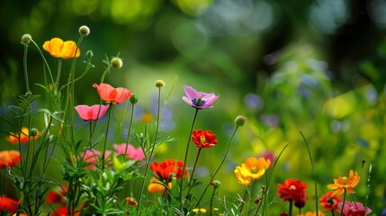Fototapeta premium A beautiful meadow filled with a variety of colorful wildflowers, showcasing the beauty of nature, diversity, and the vibrancy of life.