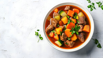 Vegetable filled beef stew in white bowl on light surface top view with space for text