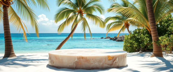 Marble Product Display on Tropical Beach with Palm Trees and Blue Ocean