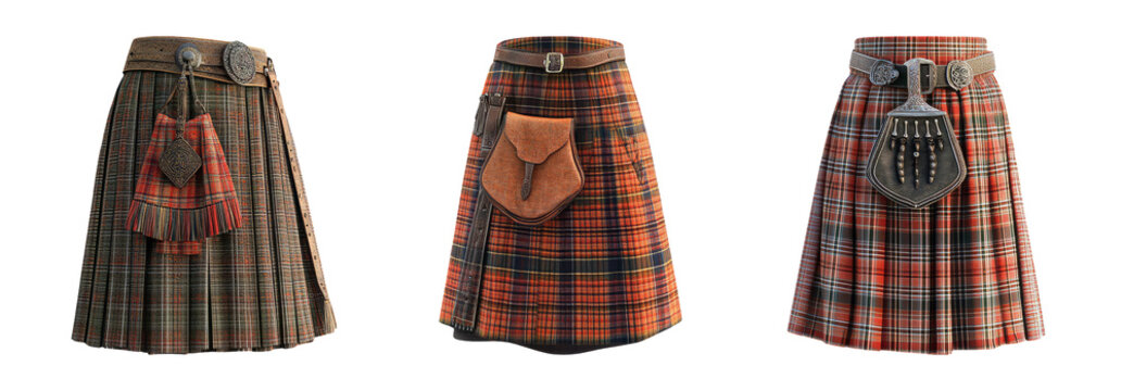 Scottish tartan kilt clothing set isolated on transparent background