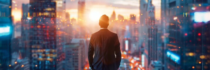 Fototapeta premium A businessman stands on a rooftop overlooking a city skyline at sunset. The image symbolizes ambition, success, opportunity, progress, and the future.