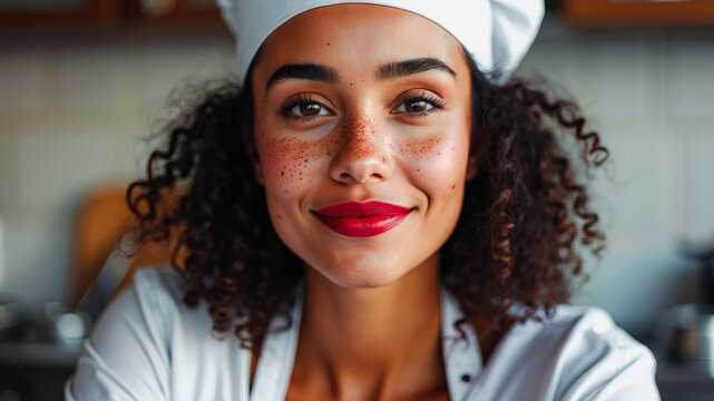 Close-up of a Smiling Chef with Red Lipstick