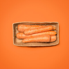 Carrots, vegetable and studio on orange background as ingredient for cooking, nutrition and diet. Food, organic and vegetarian with healthy meal for wellness, health and self care with vitamins