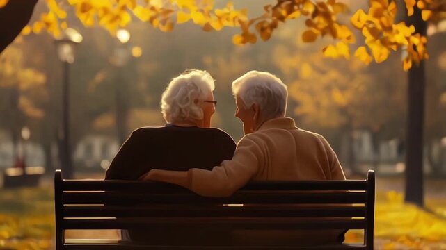 Close-up and back view of an elderly couple embracing while sitting on a park bench on a sunny day. Romance of old woman and elderly partner in a relaxing embrace