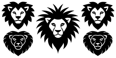 Set of lion face icons silhouette vector art style illustration
