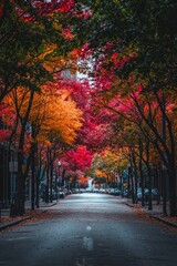 Fototapeta premium A city street lined with trees, their leaves changing colors in a gradient from green to red. 
