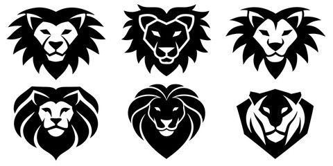 Set of lion face icons silhouette vector art style illustration
