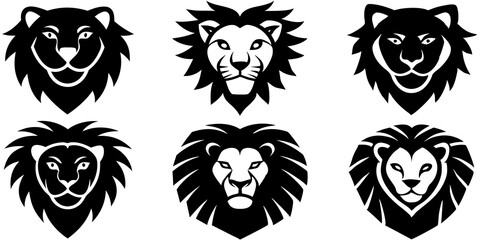 Set of lion face icons silhouette vector art style illustration
