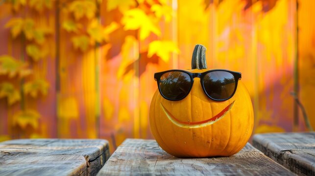 A carved pumpkin with sunglasses sits on a wooden table, a cheerful expression against a backdrop of colorful fall foliage.  The image symbolizes autumn, Halloween, fun, joy, and cool style.