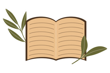 vector illustration of an open book with green leaves. Book with text for illustrations for school, in cozy autumn colors. Flat cartoon decorative element.