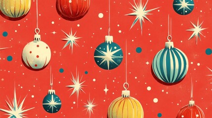 1950s Vintage Christmas Ornaments and Baubles on Red Background