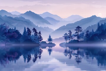 A serene mountain landscape with a lake and trees