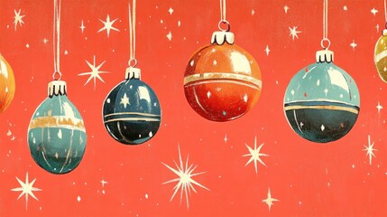 1950s Vintage Christmas Ornaments and Baubles on Red Background