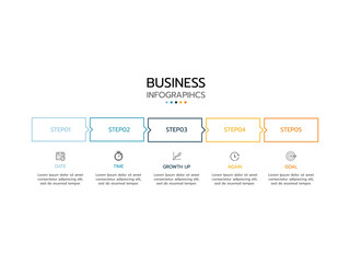 Business process. Timeline infographics with 5 steps, circles, arrows. Vector chart.